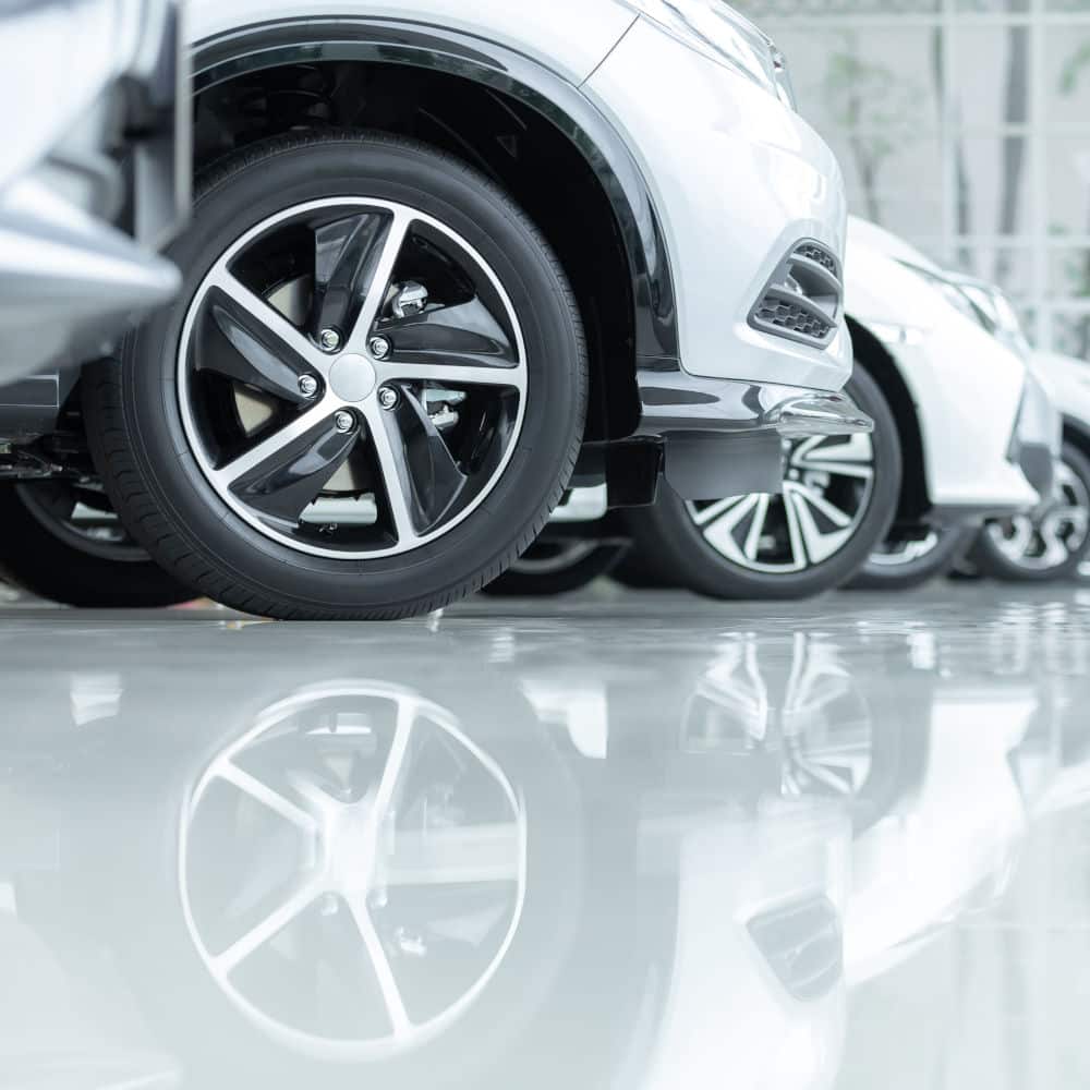 A car garage with epoxy flooring.